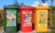 Red yellow and green trash bins